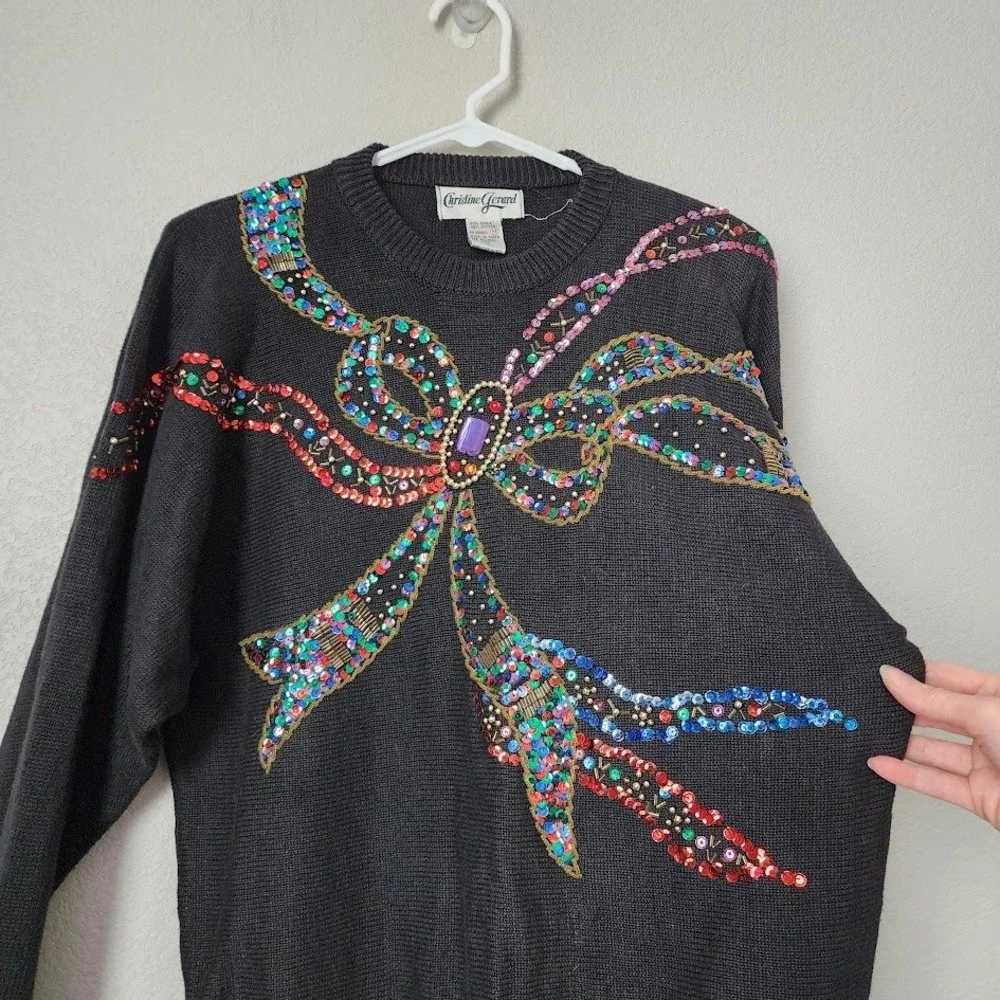 CHRISTINE GERARD 80s Glam Sequin Bow Jewel Sweater Holiday Party in‎ Black M